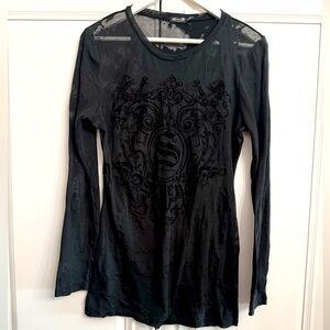 Seven7 Sz Large Black Long Sleeve Sheer Grunge Top Black Velvet Design on Front